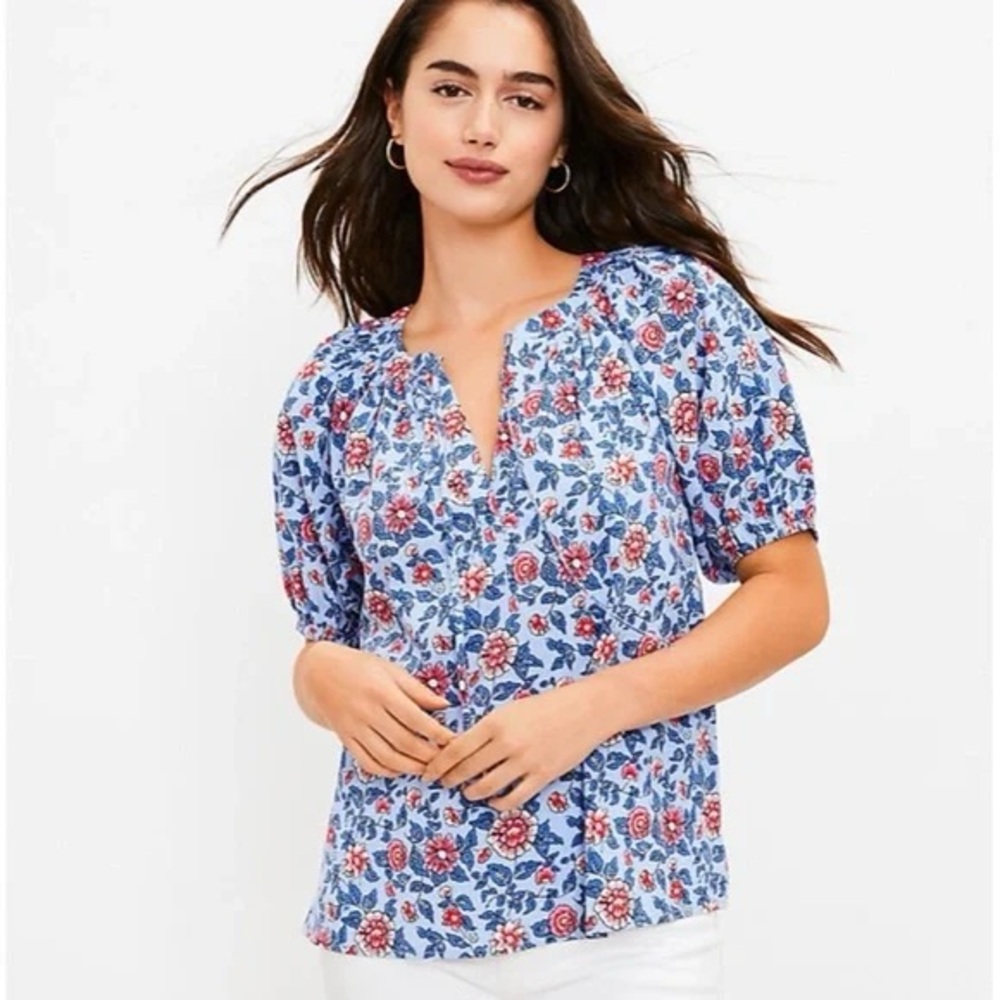 LOFT Puff-Sleeve Tie Neck Floral Top